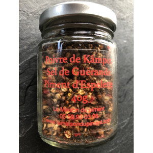 Poivre de Kämpöt sel de Guérande et piment d'Espelette